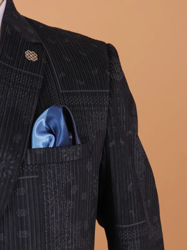 Charcoal black printed cotton blazer for men