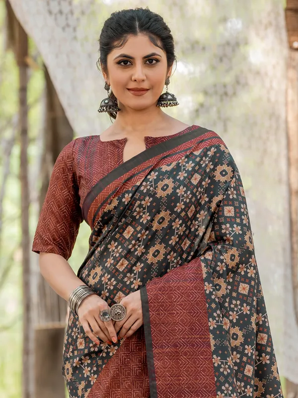 Charcoal black printed kozi silk saree