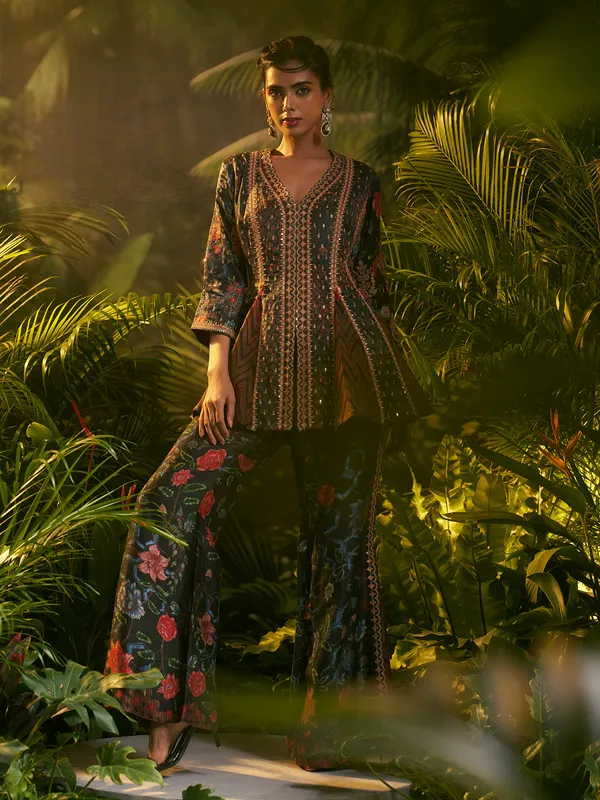 Charcoal black printed palazzo suit