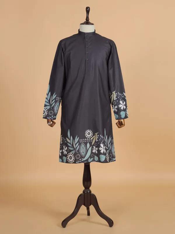 Charcoal black printed silk festive ready kurta suit