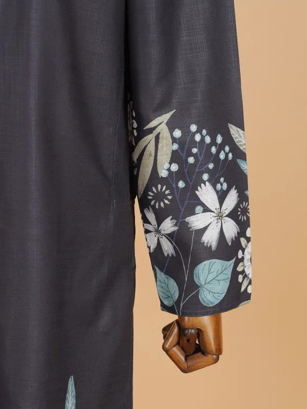 Charcoal black printed silk festive ready kurta suit