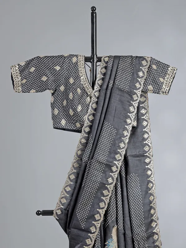 Charcoal black printed silk saree with mirror work