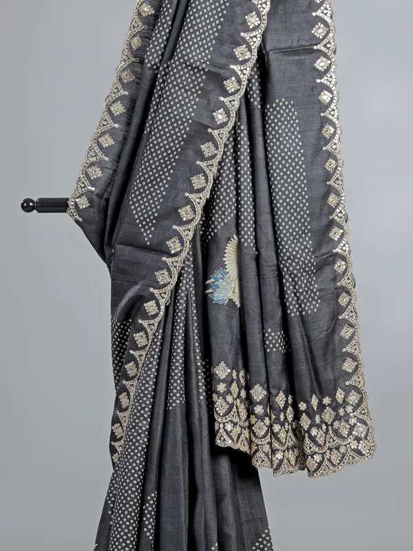 Charcoal black printed silk saree with mirror work
