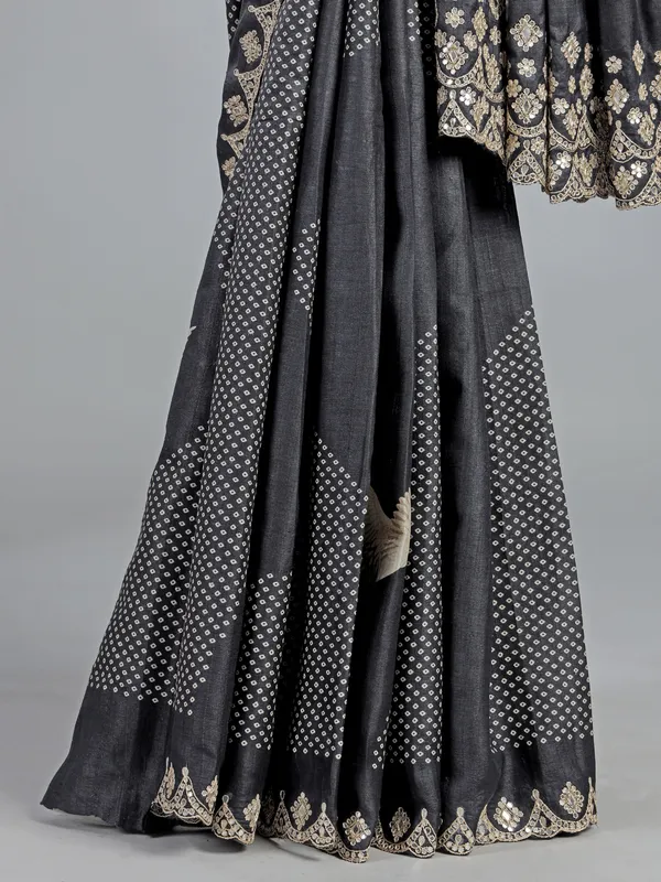 Charcoal black printed silk saree with mirror work