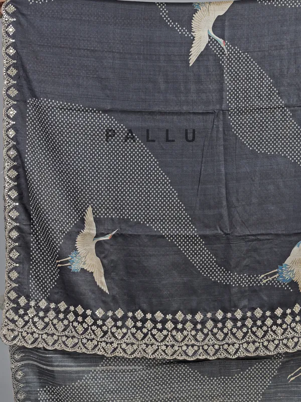 Charcoal black printed silk saree with mirror work