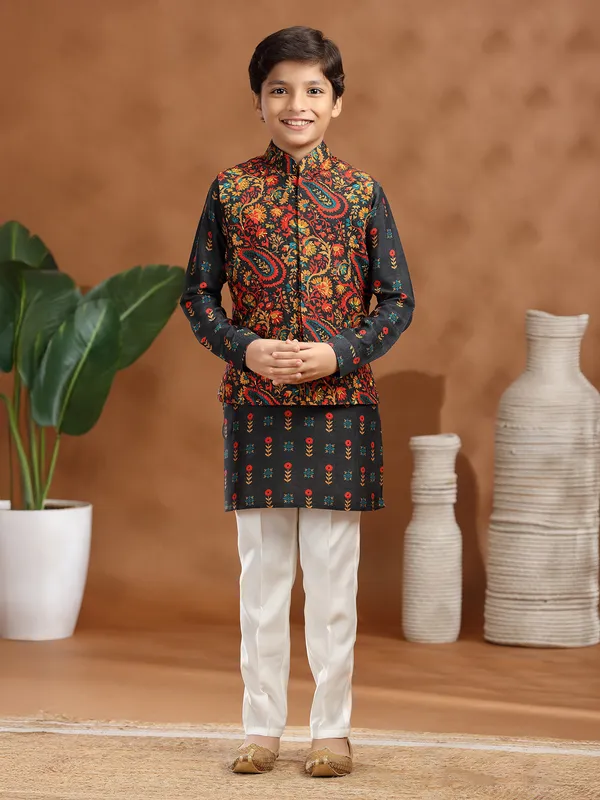 Charcoal black raw silk waistcoat set for boys