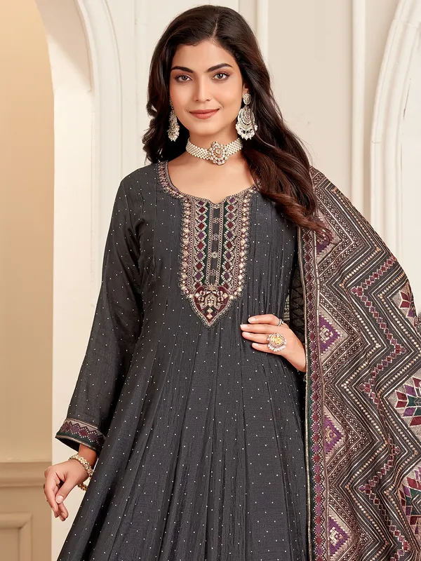 Charcoal black silk anarkali suit with dupatta