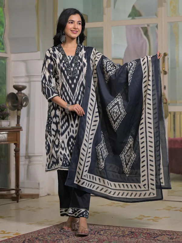 Charcoal black silk embellished kurti ensemble