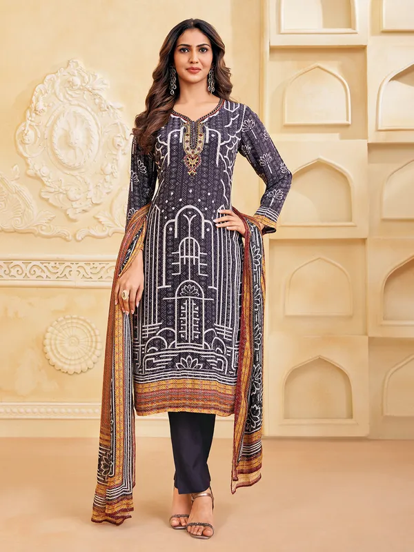 Charcoal black silk straight cut salwar suit
