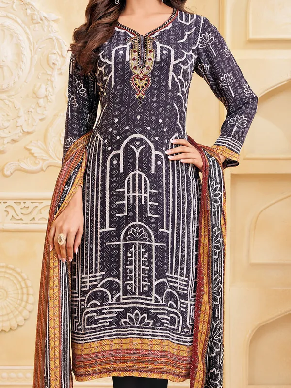 Charcoal black silk straight cut salwar suit