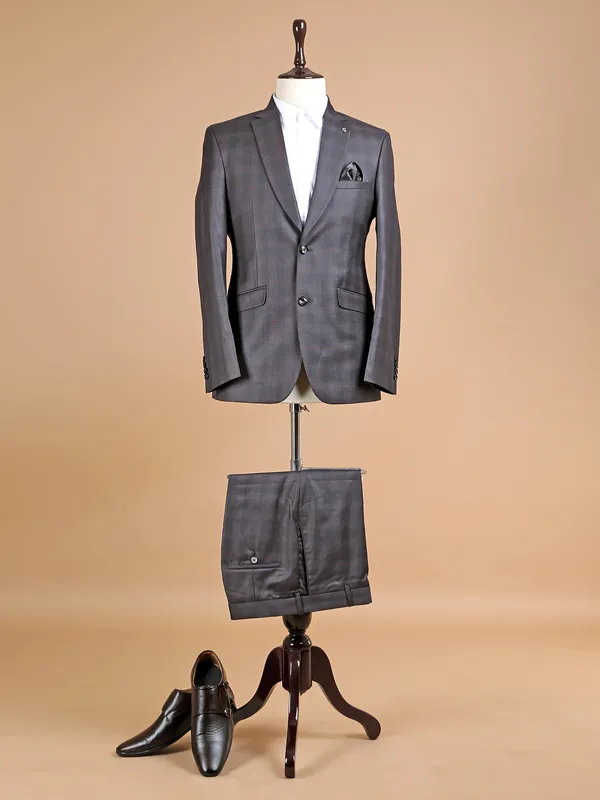 Charcoal grey checks terry rayon coat suit