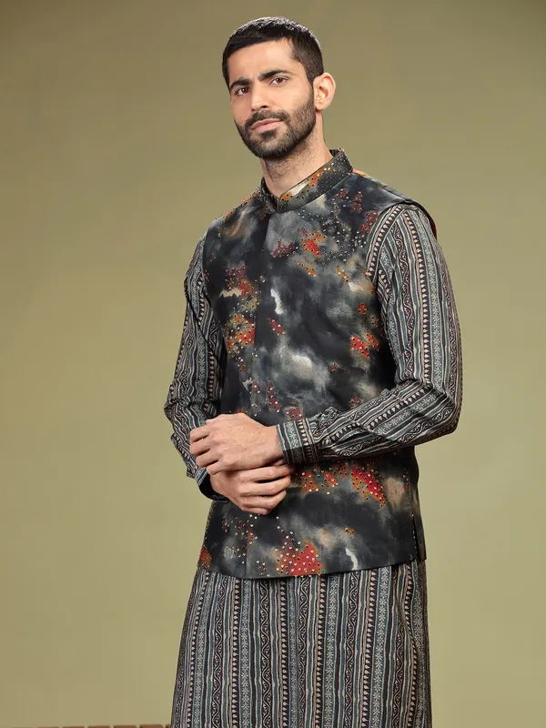 Charcoal grey cotton silk waistcoat set