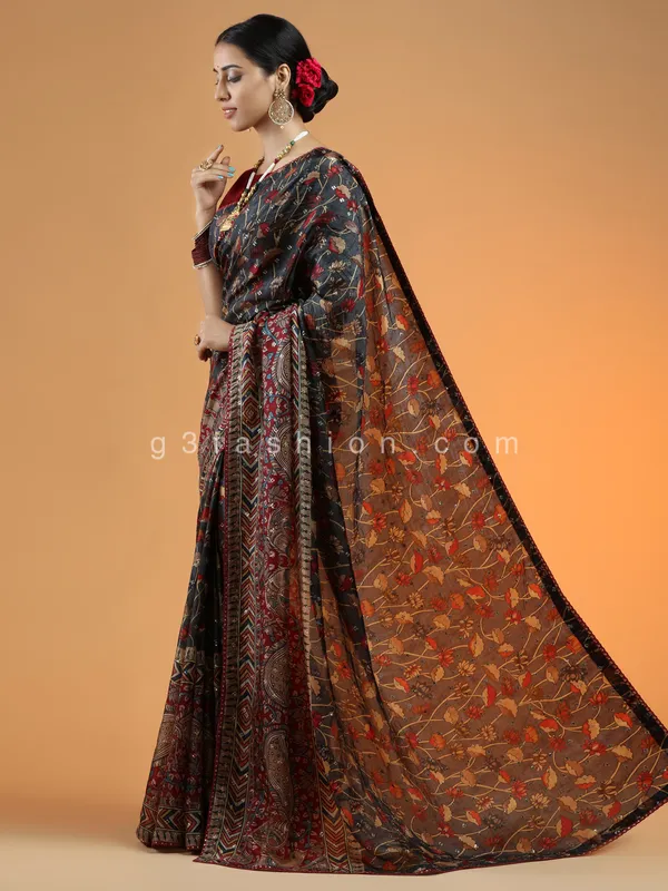 Charcoal grey latest designer wedding modal silk saree