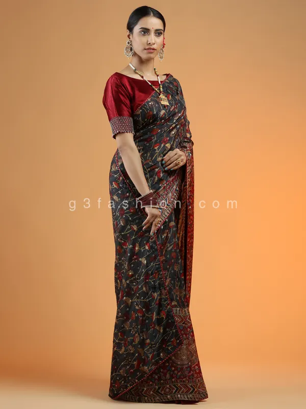 Charcoal grey latest designer wedding modal silk saree