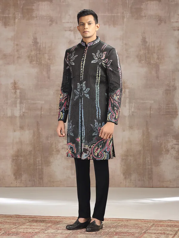 Charcoal grey printed cotton silk indo western with aabla work