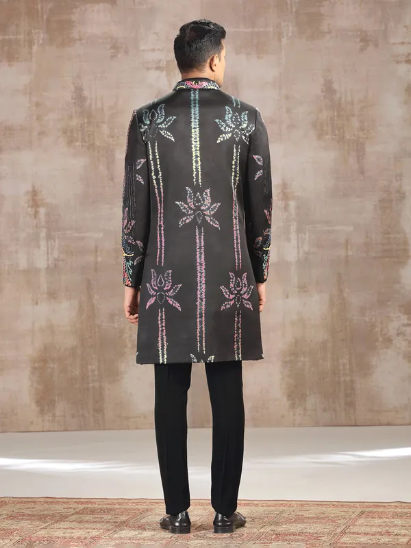 Charcoal grey printed cotton silk indo western with aabla work