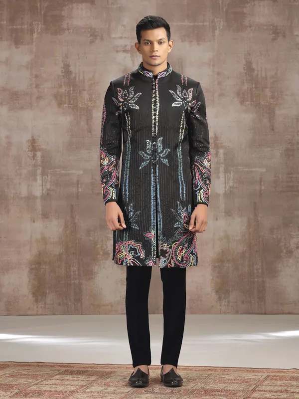 Charcoal grey printed cotton silk indo western with aabla work