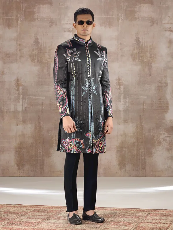 Charcoal grey printed cotton silk indo western with aabla work