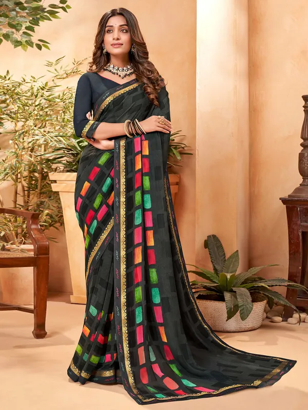 Charcoal grey printed saree
