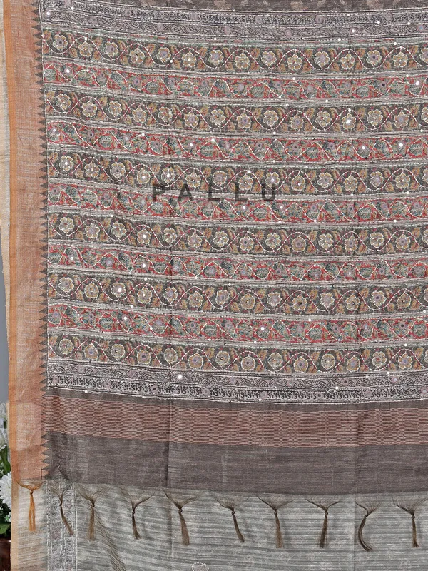 Charcoal grey printed semi silk saree