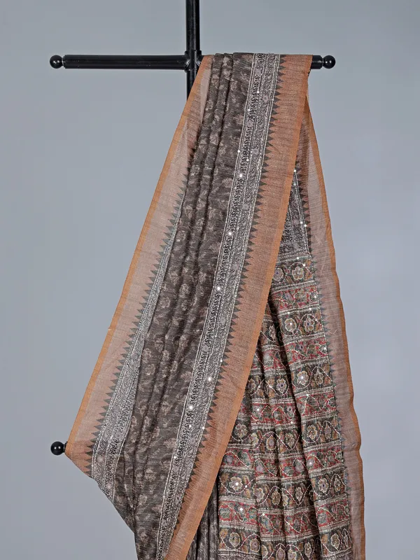 Charcoal grey printed semi silk saree