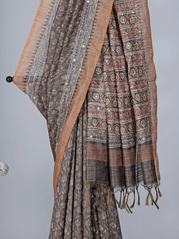 Charcoal grey printed semi silk saree