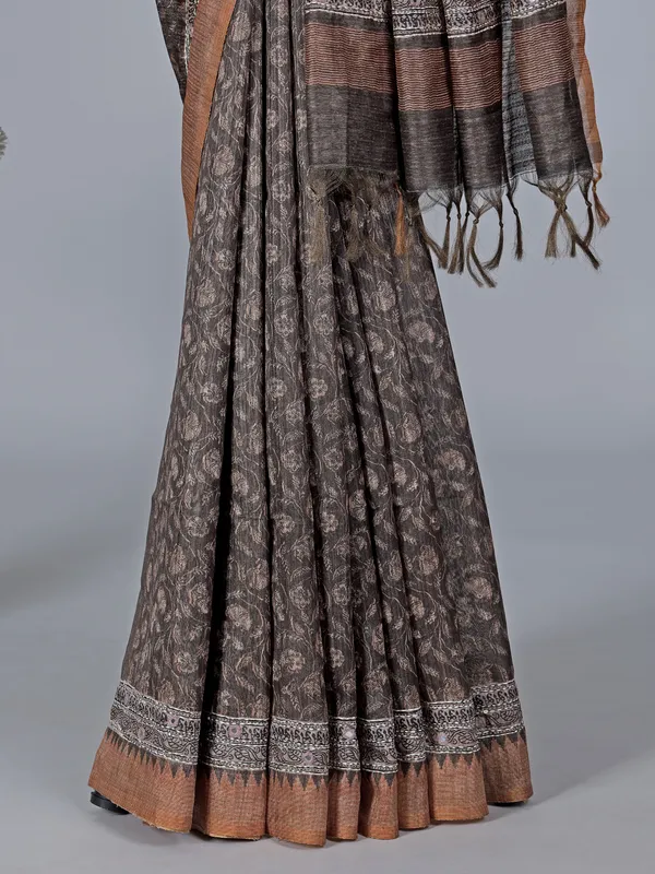 Charcoal grey printed semi silk saree