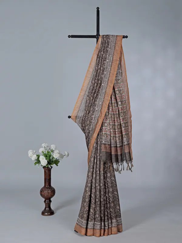 Charcoal grey printed semi silk saree