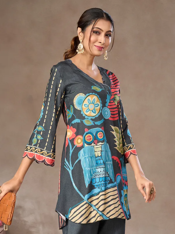 Charcoal grey printed silk co-ord set