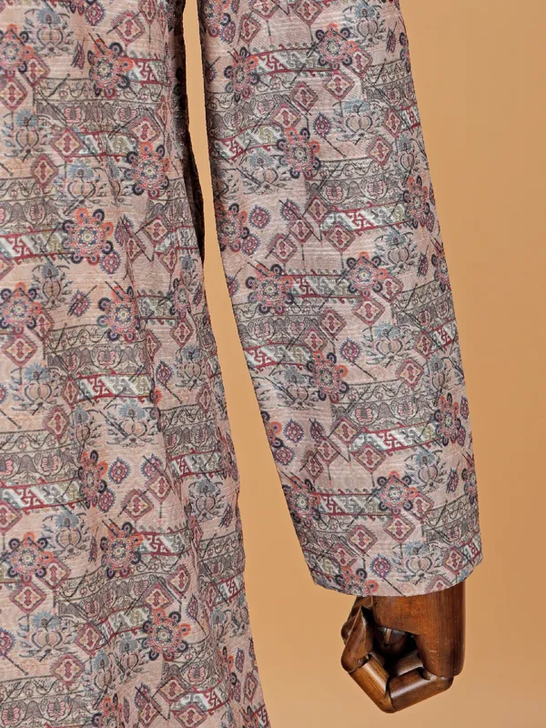 Charming brown printed silk kurta suit for men