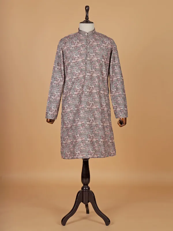 Charming brown printed silk kurta suit for men