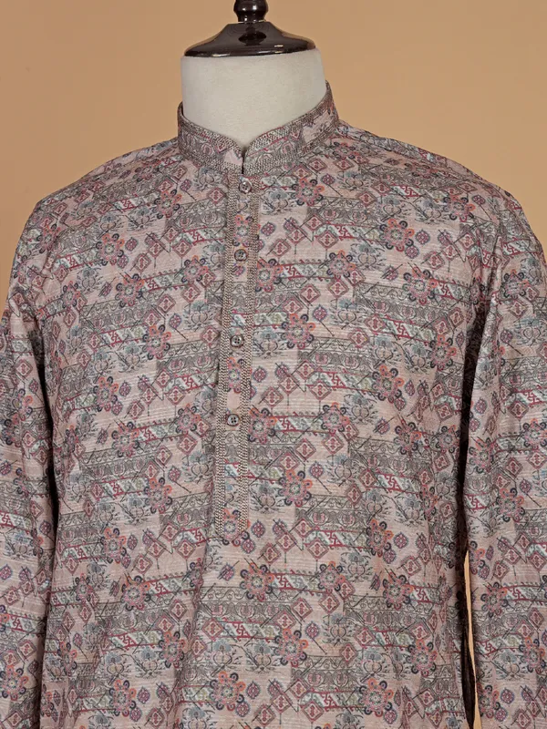 Charming brown printed silk kurta suit for men
