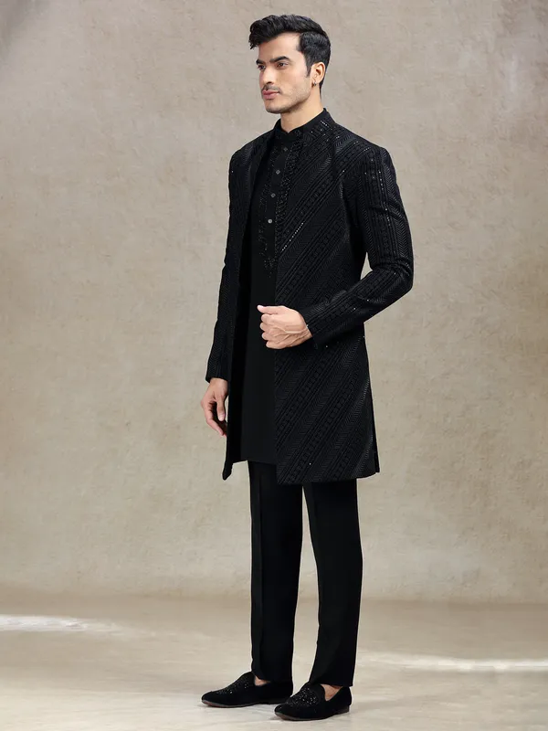 Charming classy black long jacket style indo-western set