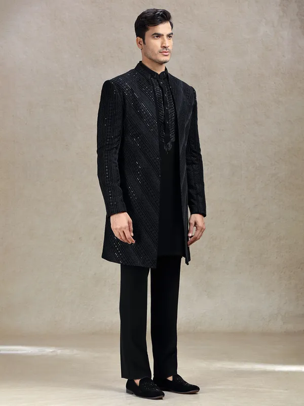 Charming classy black long jacket style indo-western set