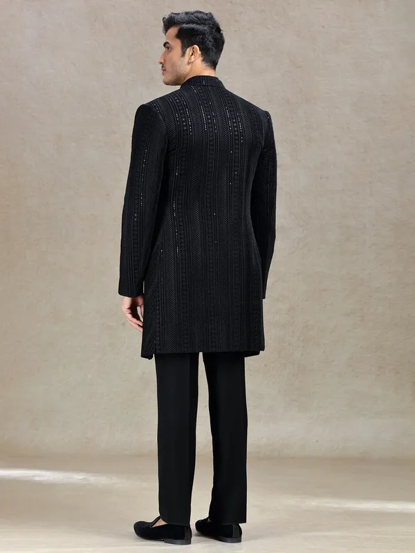 Charming classy black long jacket style indo-western set