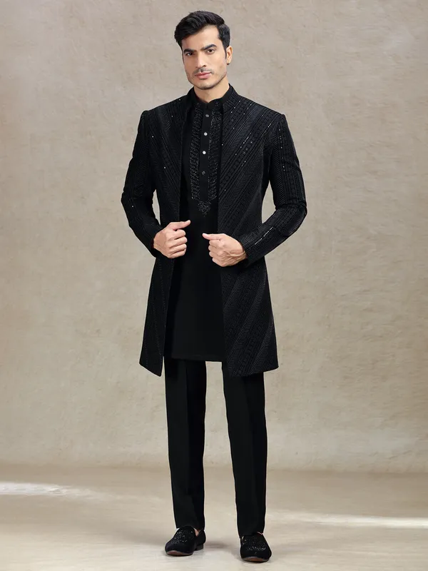Charming classy black long jacket style indo-western set