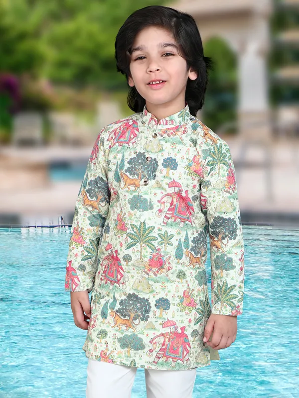Charming green cotton silk kurta pant set with aabla work