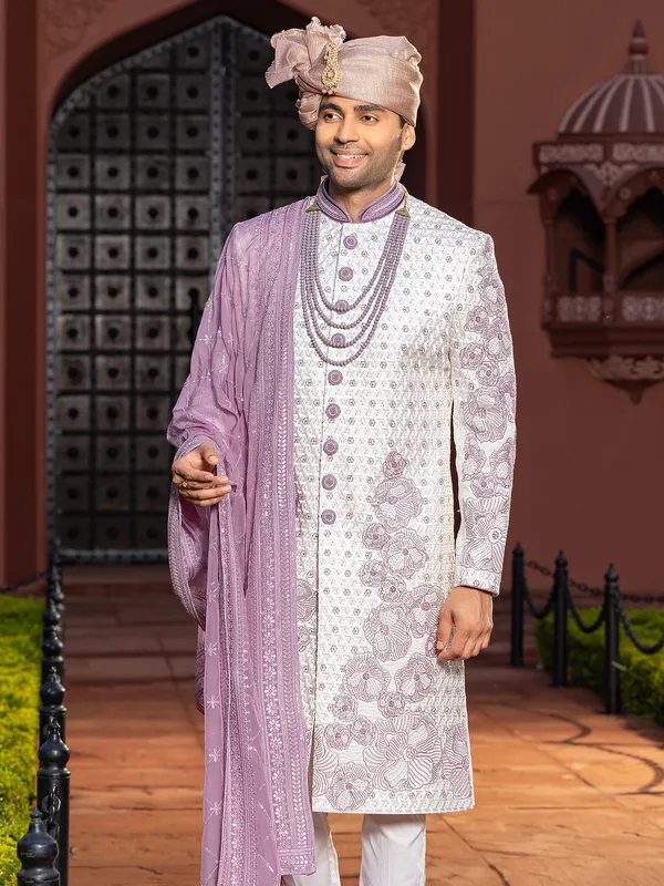 Charming lilac raw silk sherwani for groom