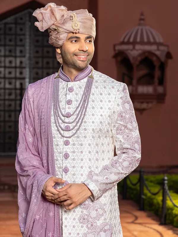 Charming lilac raw silk sherwani for groom