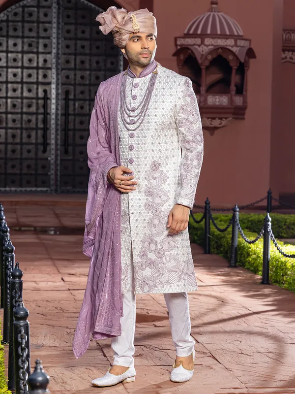 Charming lilac raw silk sherwani for groom