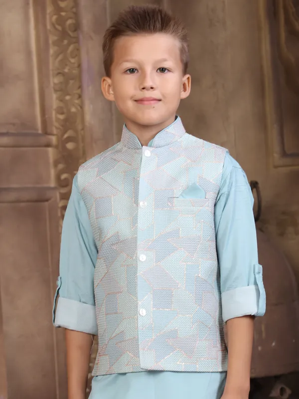Charming mint green zari textured waistcoat set for boys
