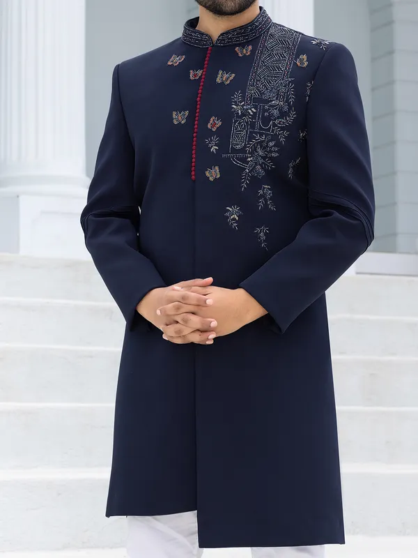 Charming navy blue terry rayon Indowestern