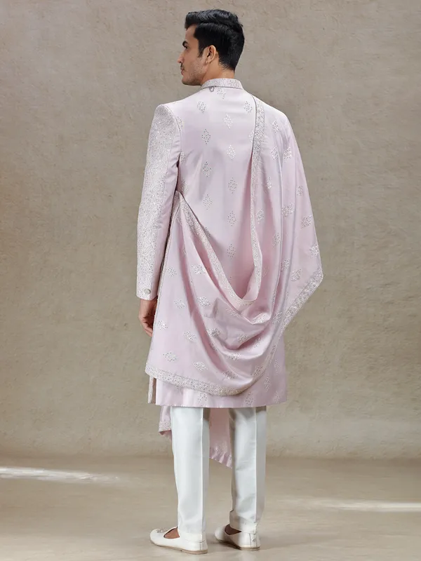 Charming pink silk sherwani with ornated dupatta