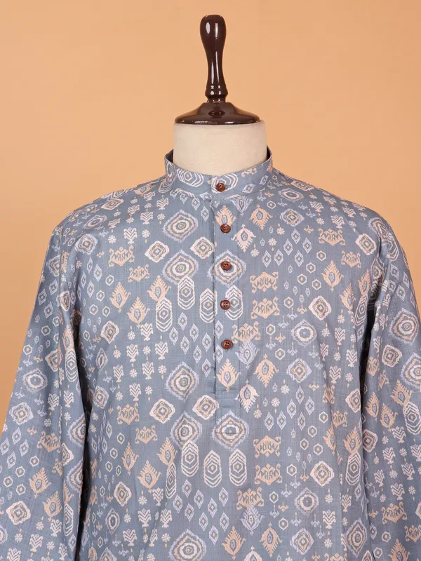 Charming printed grey cotton kurta suit