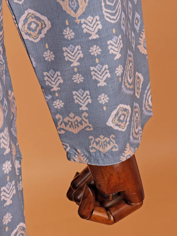 Charming printed grey cotton kurta suit