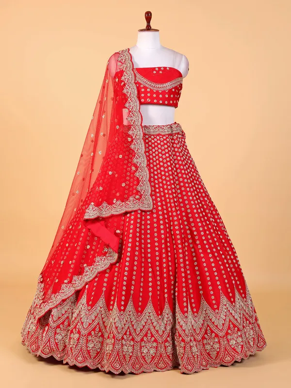 Charming red raw silk unstitched lehenga choli