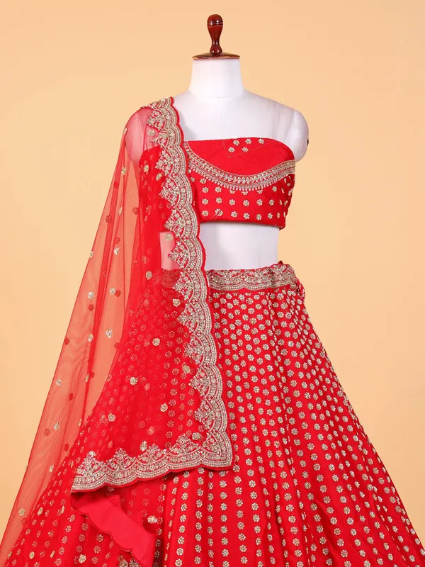 Charming red raw silk unstitched lehenga choli