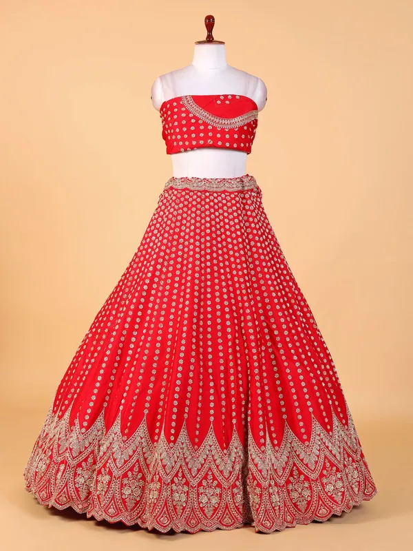 Charming red raw silk unstitched lehenga choli