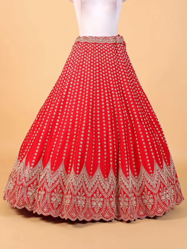 Charming red raw silk unstitched lehenga choli