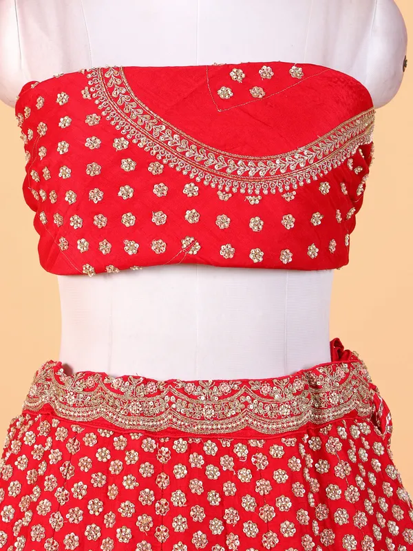 Charming red raw silk unstitched lehenga choli